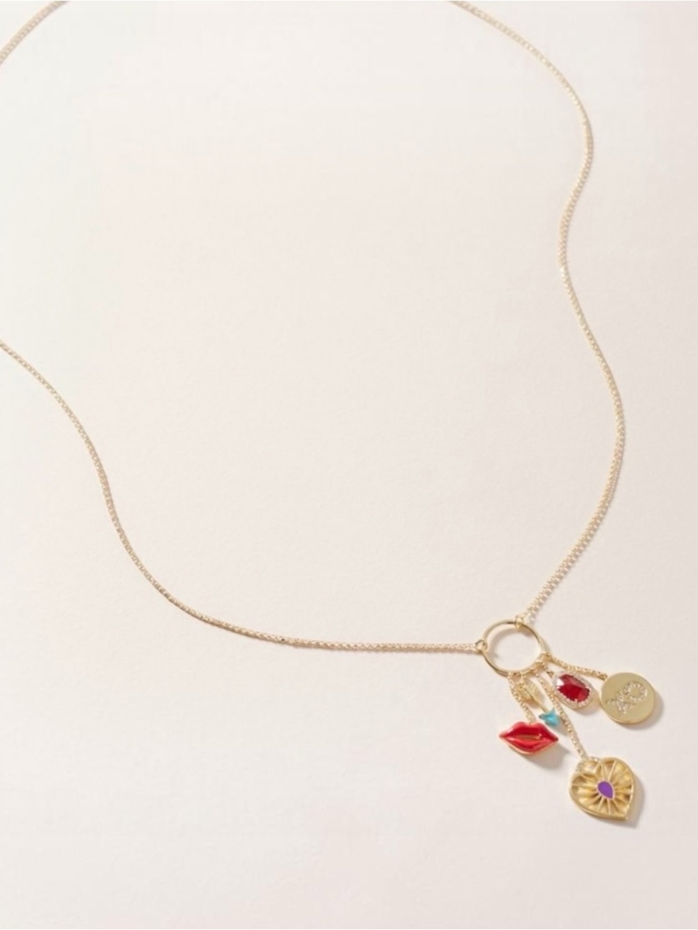 Anthropologie Bisous Charm Necklace Gold Red Enamel Lips CZ 16”